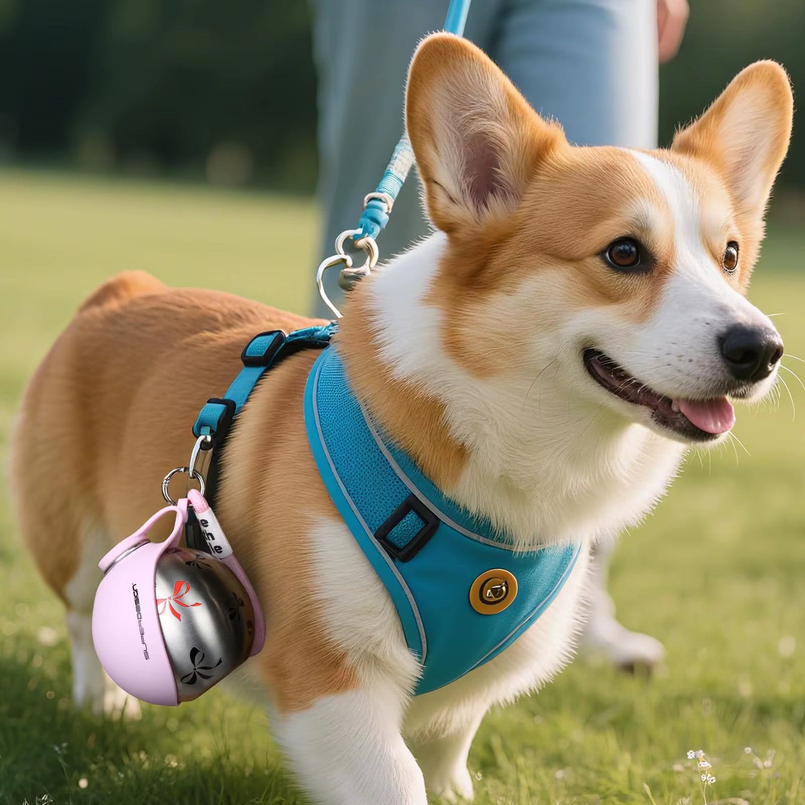 Botella de agua portátil 2 en 1 para perros, a prueba de fugas y compacta, de acero inoxidable, ideal para viajes con perros pequeños.