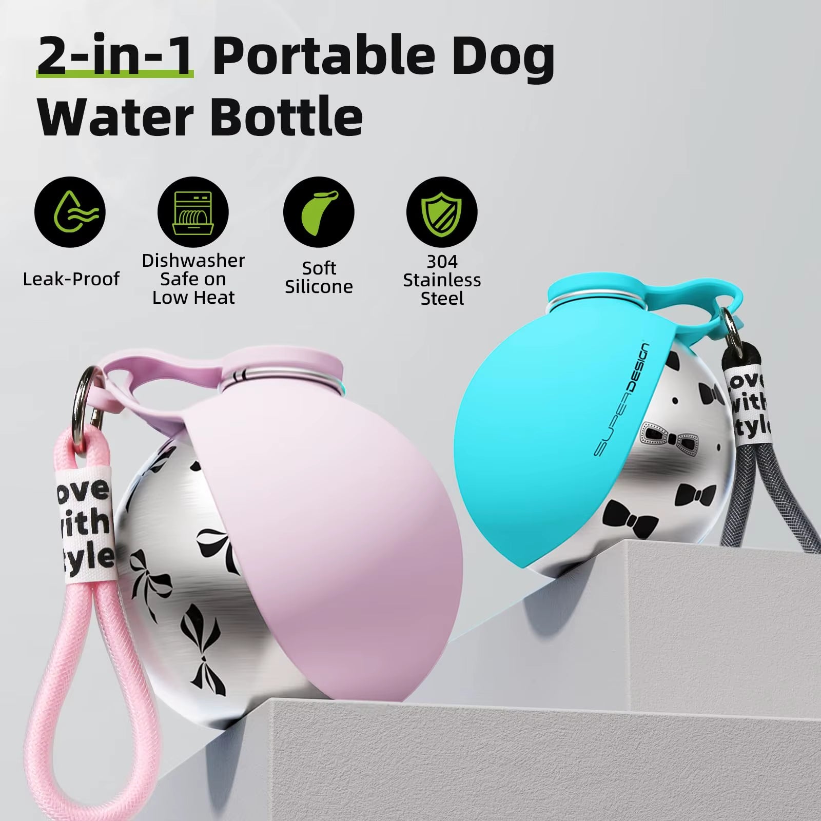 Botella de agua portátil 2 en 1 para perros, a prueba de fugas y compacta, de acero inoxidable, ideal para viajes con perros pequeños.